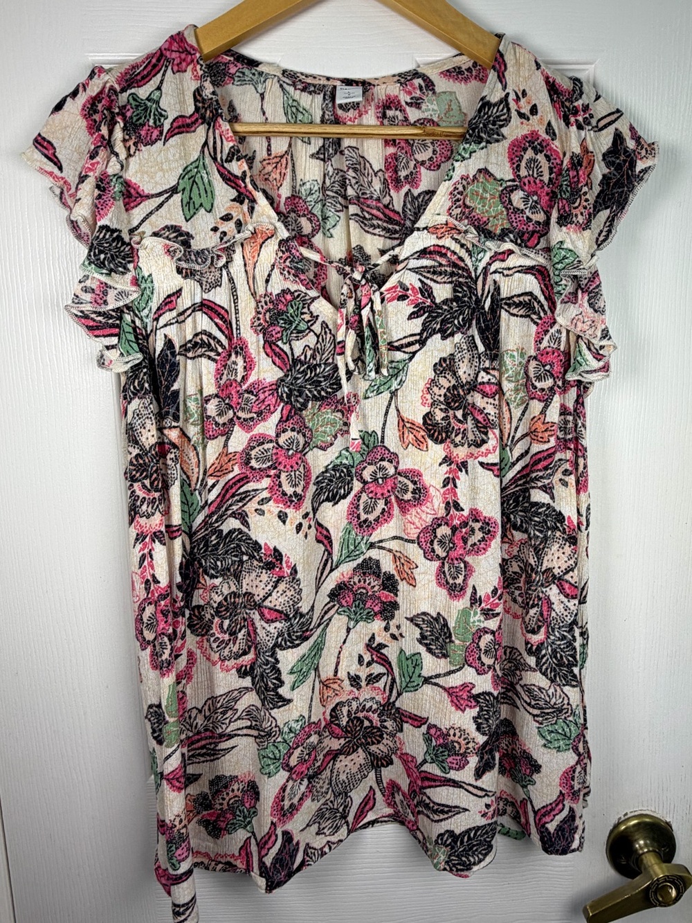 Old Navy Floral Tie Front Blouse Women's Size L Cream Ruffle Sleeve Boho Top